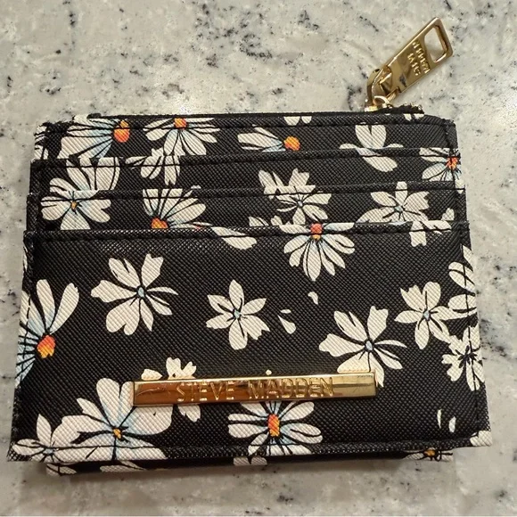 Steve Madden Floral Card Holder Wallet Black Daisy Print Zip Coin - Picture 7 of 8